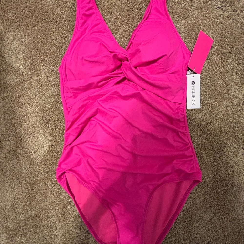 Holipick Women's Tummy Control One-Piece Twist Front Swimsuit in Bright Pink